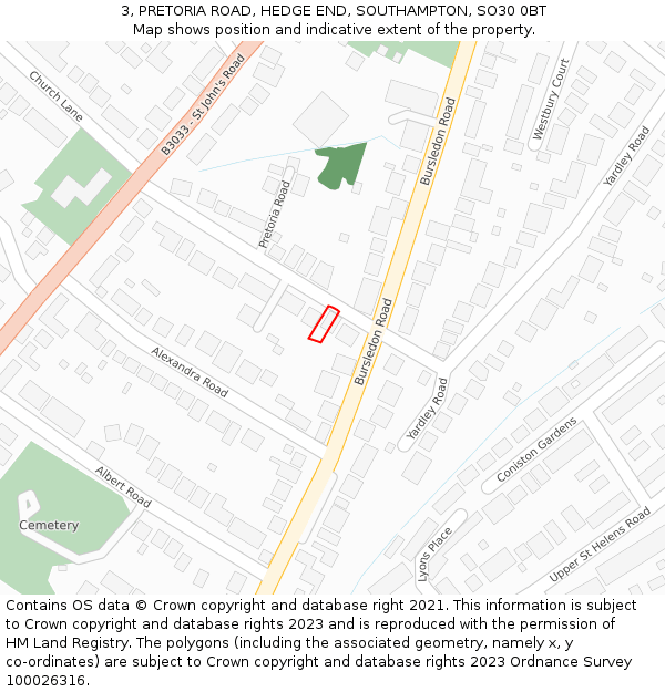 3, PRETORIA ROAD, HEDGE END, SOUTHAMPTON, SO30 0BT: Location map and indicative extent of plot