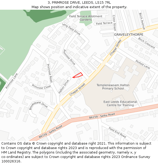 3, PRIMROSE DRIVE, LEEDS, LS15 7RL: Location map and indicative extent of plot