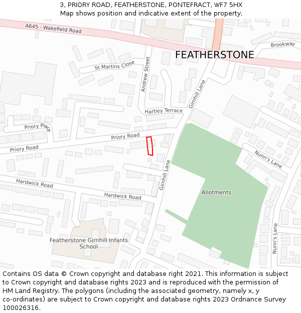 3, PRIORY ROAD, FEATHERSTONE, PONTEFRACT, WF7 5HX: Location map and indicative extent of plot