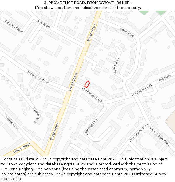 3, PROVIDENCE ROAD, BROMSGROVE, B61 8EL: Location map and indicative extent of plot
