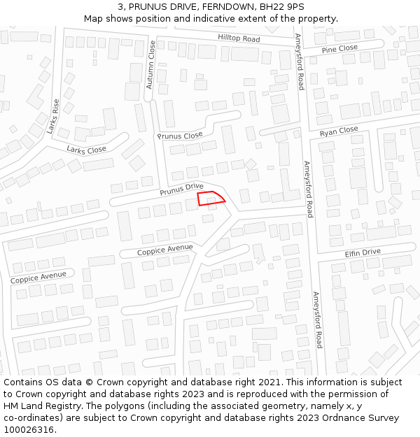 3, PRUNUS DRIVE, FERNDOWN, BH22 9PS: Location map and indicative extent of plot