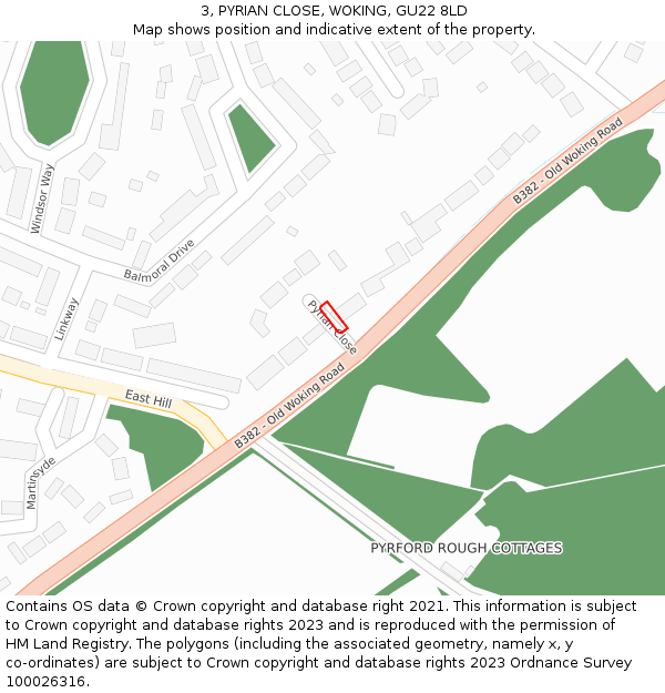3, PYRIAN CLOSE, WOKING, GU22 8LD: Location map and indicative extent of plot