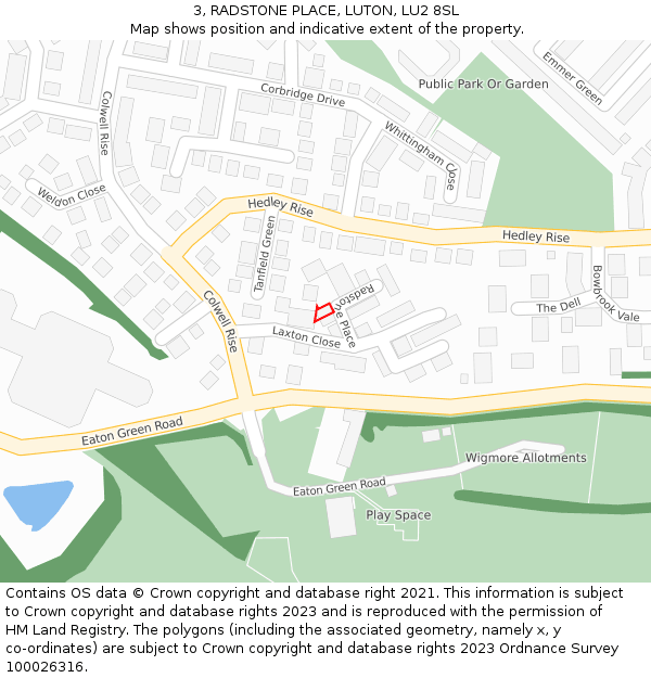 3, RADSTONE PLACE, LUTON, LU2 8SL: Location map and indicative extent of plot