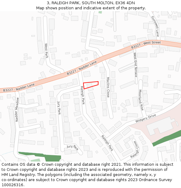 3, RALEIGH PARK, SOUTH MOLTON, EX36 4DN: Location map and indicative extent of plot