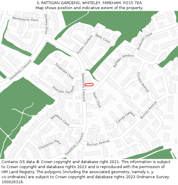 3, RATTIGAN GARDENS, WHITELEY, FAREHAM, PO15 7EA: Location map and indicative extent of plot