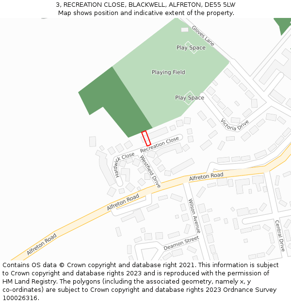 3, RECREATION CLOSE, BLACKWELL, ALFRETON, DE55 5LW: Location map and indicative extent of plot