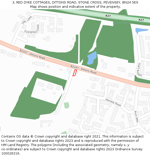 3, RED DYKE COTTAGES, DITTONS ROAD, STONE CROSS, PEVENSEY, BN24 5ES: Location map and indicative extent of plot