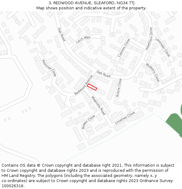 3, REDWOOD AVENUE, SLEAFORD, NG34 7TJ: Location map and indicative extent of plot