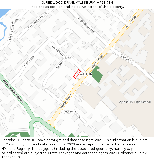 3, REDWOOD DRIVE, AYLESBURY, HP21 7TN: Location map and indicative extent of plot