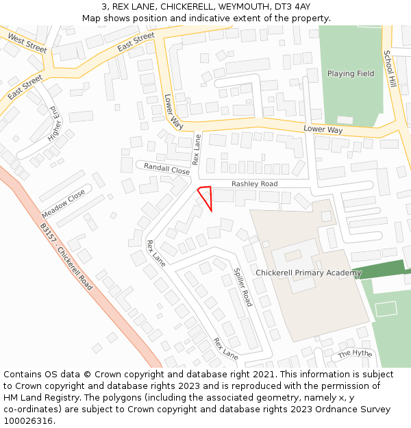 3, REX LANE, CHICKERELL, WEYMOUTH, DT3 4AY: Location map and indicative extent of plot