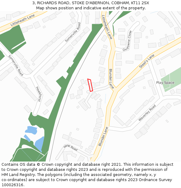 3, RICHARDS ROAD, STOKE D'ABERNON, COBHAM, KT11 2SX: Location map and indicative extent of plot