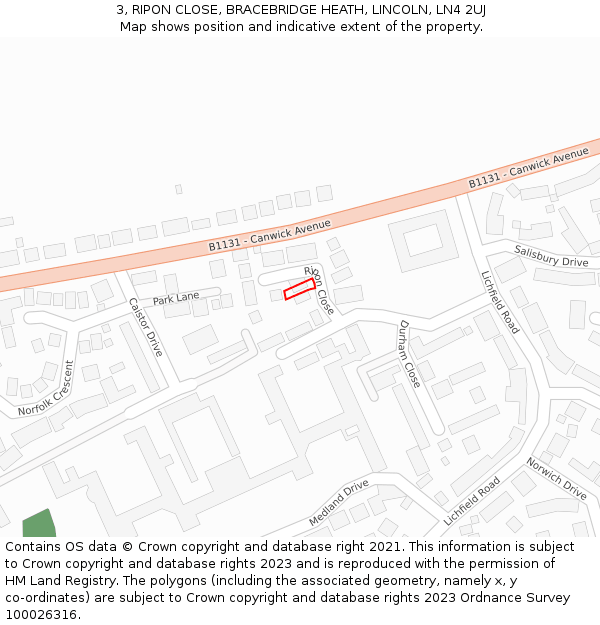 3, RIPON CLOSE, BRACEBRIDGE HEATH, LINCOLN, LN4 2UJ: Location map and indicative extent of plot