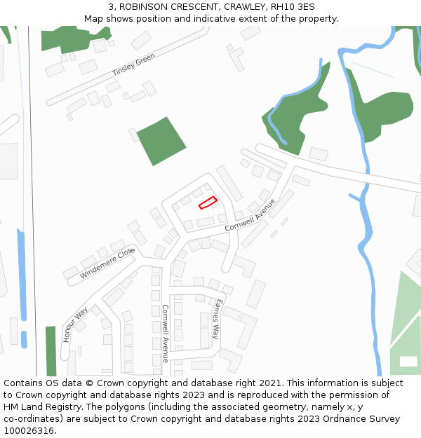 3, ROBINSON CRESCENT, CRAWLEY, RH10 3ES: Location map and indicative extent of plot