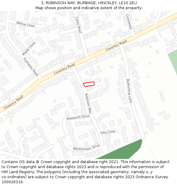 3, ROBINSON WAY, BURBAGE, HINCKLEY, LE10 2EU: Location map and indicative extent of plot