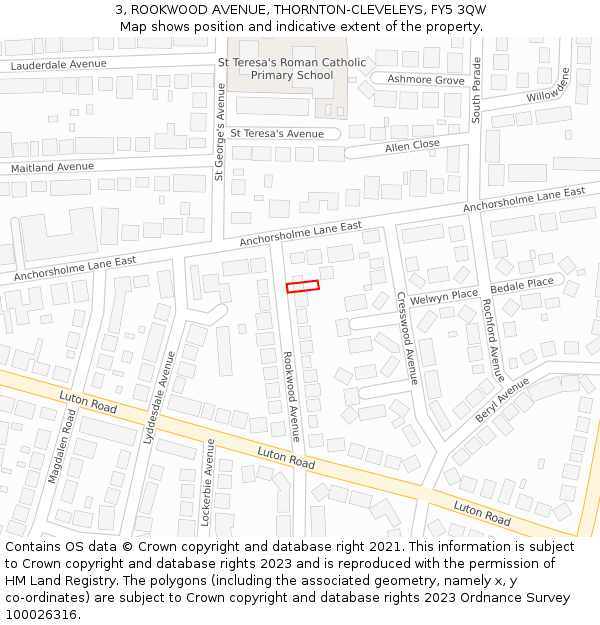 3, ROOKWOOD AVENUE, THORNTON-CLEVELEYS, FY5 3QW: Location map and indicative extent of plot