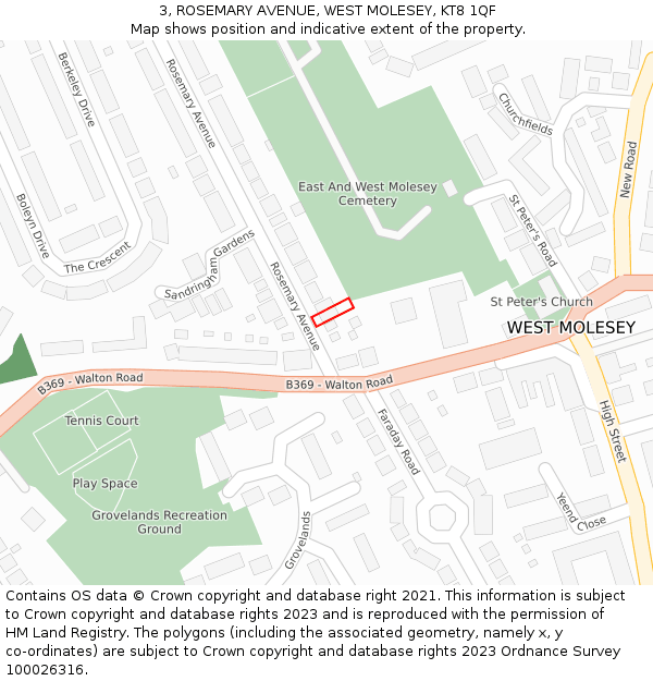 3, ROSEMARY AVENUE, WEST MOLESEY, KT8 1QF: Location map and indicative extent of plot