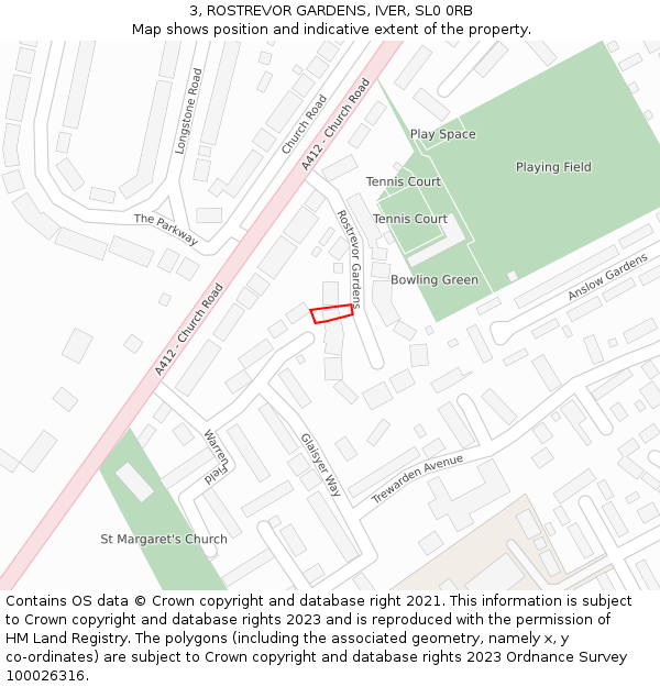 3, ROSTREVOR GARDENS, IVER, SL0 0RB: Location map and indicative extent of plot