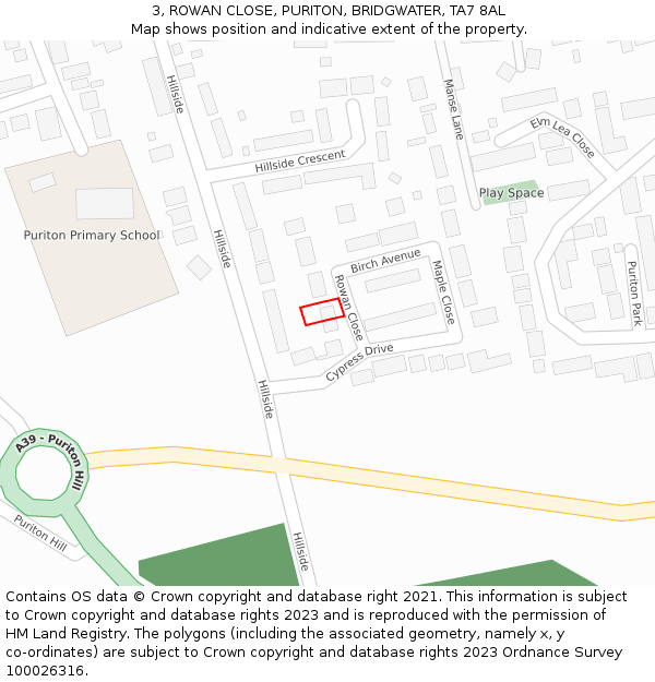 3, ROWAN CLOSE, PURITON, BRIDGWATER, TA7 8AL: Location map and indicative extent of plot