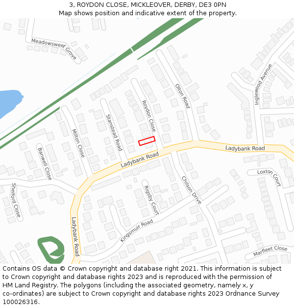3, ROYDON CLOSE, MICKLEOVER, DERBY, DE3 0PN: Location map and indicative extent of plot