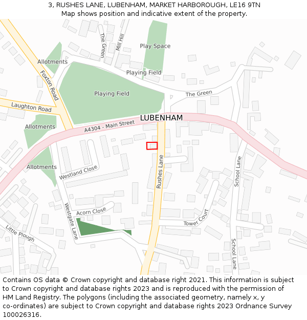 3, RUSHES LANE, LUBENHAM, MARKET HARBOROUGH, LE16 9TN: Location map and indicative extent of plot