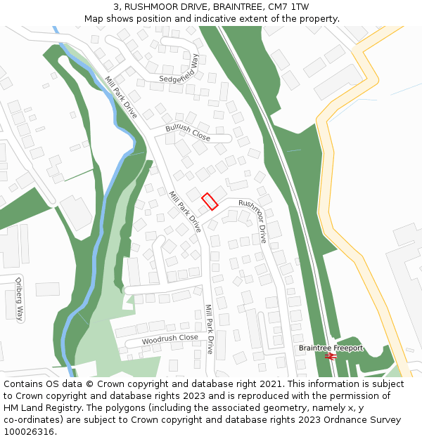 3, RUSHMOOR DRIVE, BRAINTREE, CM7 1TW: Location map and indicative extent of plot