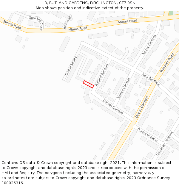 3, RUTLAND GARDENS, BIRCHINGTON, CT7 9SN: Location map and indicative extent of plot