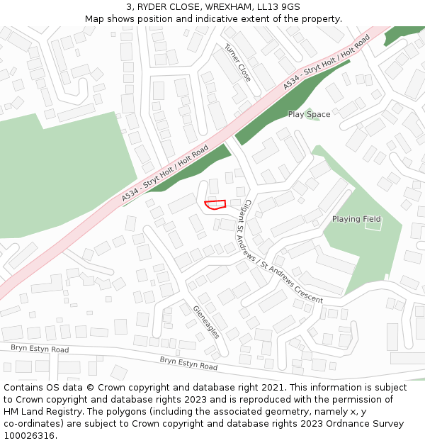 3, RYDER CLOSE, WREXHAM, LL13 9GS: Location map and indicative extent of plot