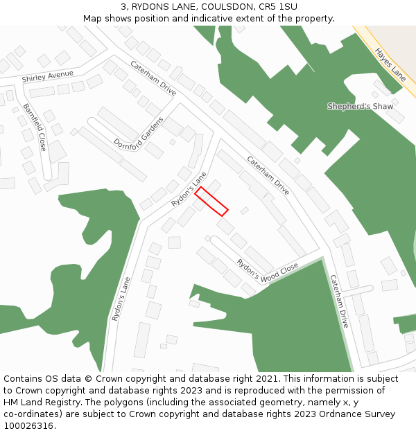 3, RYDONS LANE, COULSDON, CR5 1SU: Location map and indicative extent of plot