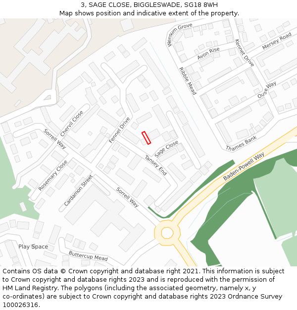 3, SAGE CLOSE, BIGGLESWADE, SG18 8WH: Location map and indicative extent of plot