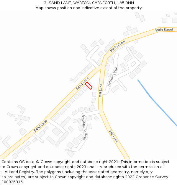 3, SAND LANE, WARTON, CARNFORTH, LA5 9NN: Location map and indicative extent of plot