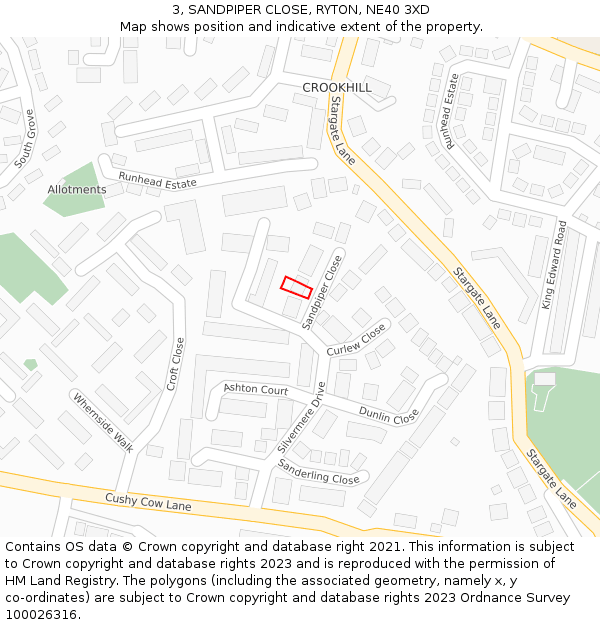 3, SANDPIPER CLOSE, RYTON, NE40 3XD: Location map and indicative extent of plot