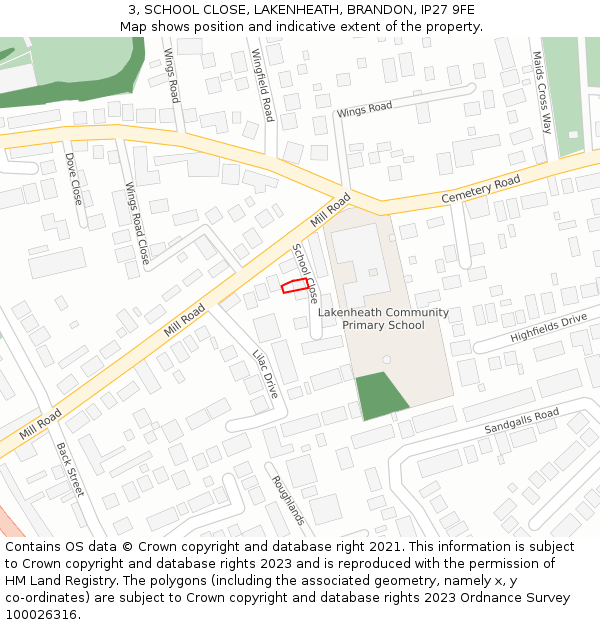 3, SCHOOL CLOSE, LAKENHEATH, BRANDON, IP27 9FE: Location map and indicative extent of plot