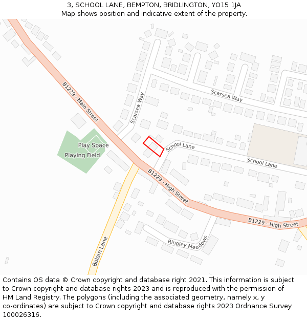 3, SCHOOL LANE, BEMPTON, BRIDLINGTON, YO15 1JA: Location map and indicative extent of plot