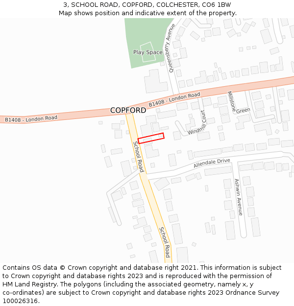 3, SCHOOL ROAD, COPFORD, COLCHESTER, CO6 1BW: Location map and indicative extent of plot