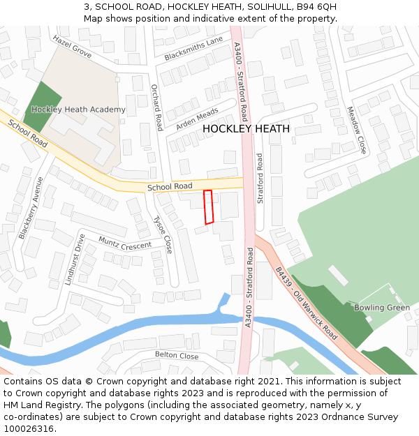 3, SCHOOL ROAD, HOCKLEY HEATH, SOLIHULL, B94 6QH: Location map and indicative extent of plot