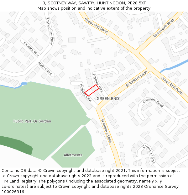 3, SCOTNEY WAY, SAWTRY, HUNTINGDON, PE28 5XF: Location map and indicative extent of plot