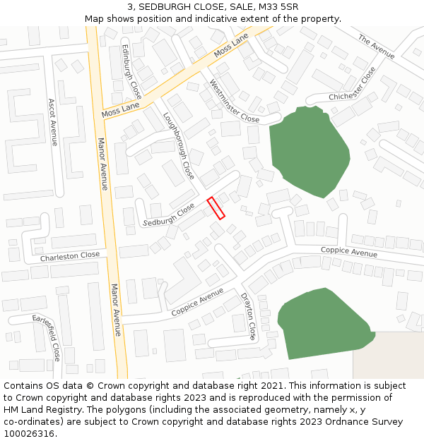 3, SEDBURGH CLOSE, SALE, M33 5SR: Location map and indicative extent of plot