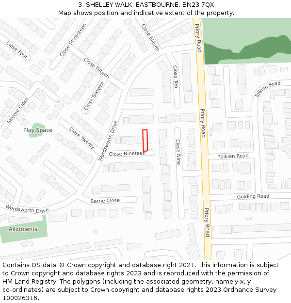 3, SHELLEY WALK, EASTBOURNE, BN23 7QX: Location map and indicative extent of plot