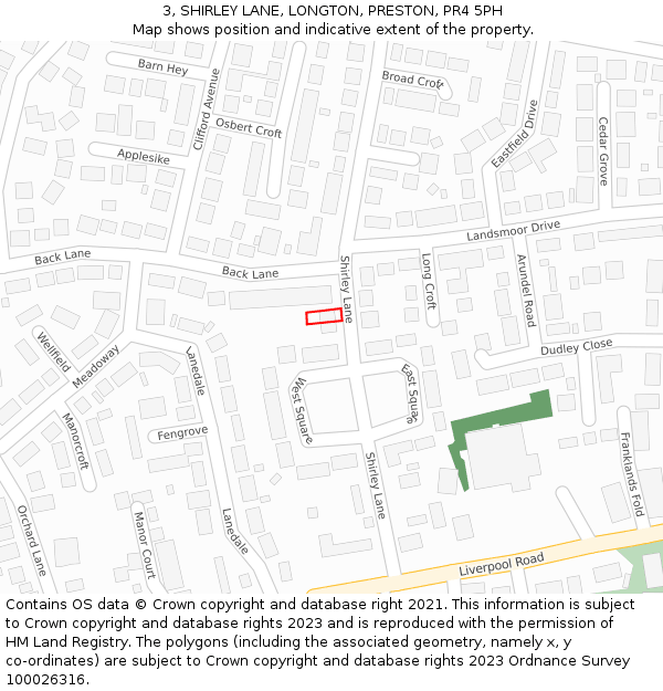 3, SHIRLEY LANE, LONGTON, PRESTON, PR4 5PH: Location map and indicative extent of plot