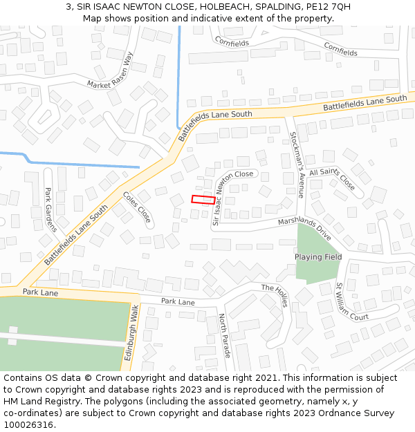 3, SIR ISAAC NEWTON CLOSE, HOLBEACH, SPALDING, PE12 7QH: Location map and indicative extent of plot