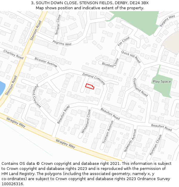 3, SOUTH DOWN CLOSE, STENSON FIELDS, DERBY, DE24 3BX: Location map and indicative extent of plot