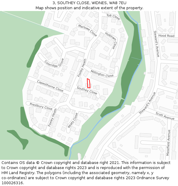 3, SOUTHEY CLOSE, WIDNES, WA8 7EU: Location map and indicative extent of plot