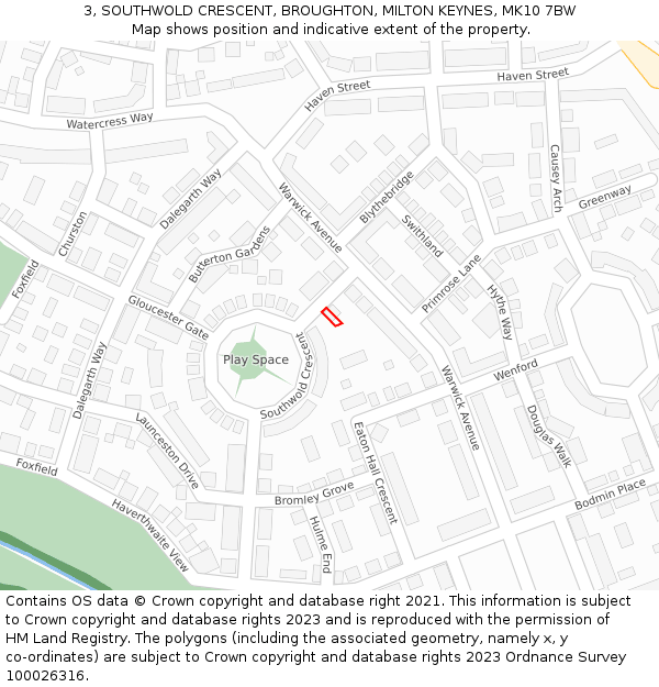 3, SOUTHWOLD CRESCENT, BROUGHTON, MILTON KEYNES, MK10 7BW: Location map and indicative extent of plot