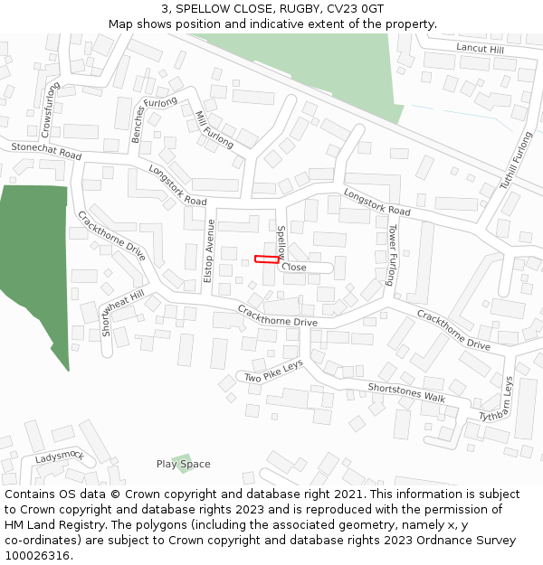 3, SPELLOW CLOSE, RUGBY, CV23 0GT: Location map and indicative extent of plot