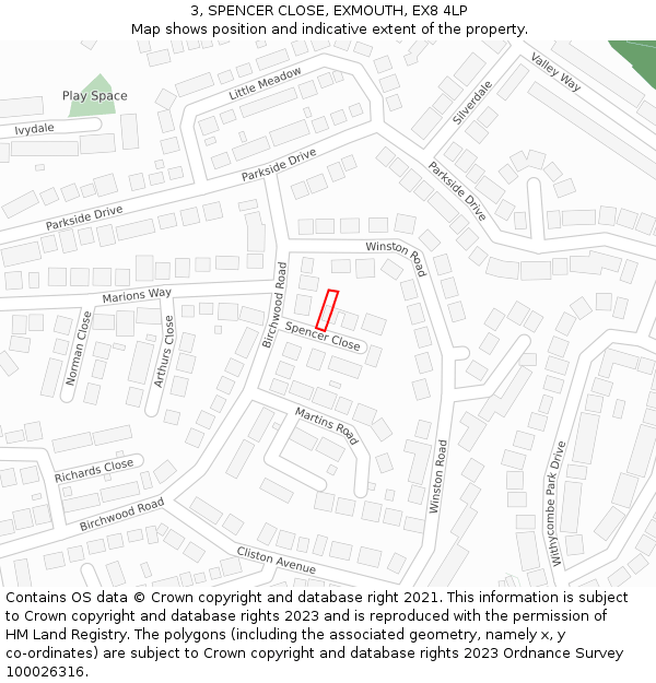 3, SPENCER CLOSE, EXMOUTH, EX8 4LP: Location map and indicative extent of plot