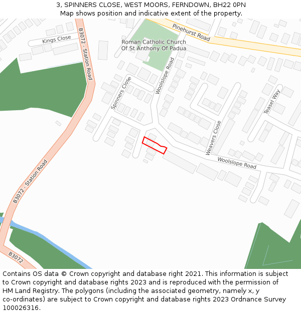 3, SPINNERS CLOSE, WEST MOORS, FERNDOWN, BH22 0PN: Location map and indicative extent of plot