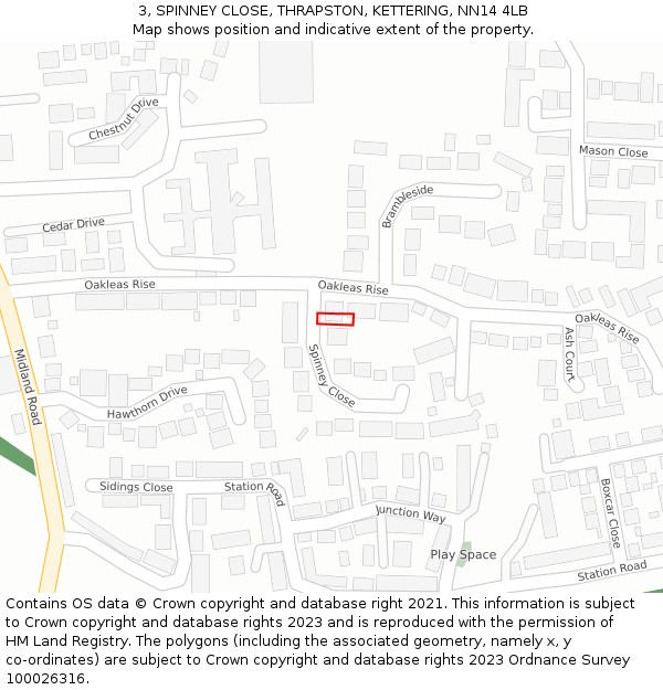 3, SPINNEY CLOSE, THRAPSTON, KETTERING, NN14 4LB: Location map and indicative extent of plot