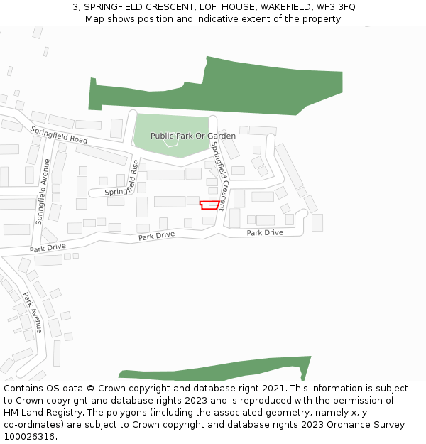 3, SPRINGFIELD CRESCENT, LOFTHOUSE, WAKEFIELD, WF3 3FQ: Location map and indicative extent of plot