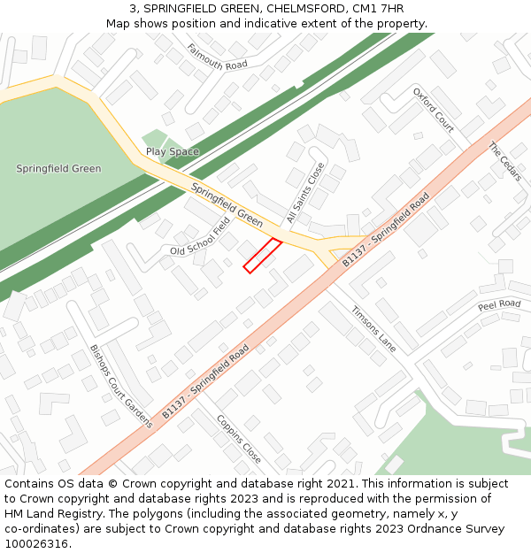 3, SPRINGFIELD GREEN, CHELMSFORD, CM1 7HR: Location map and indicative extent of plot