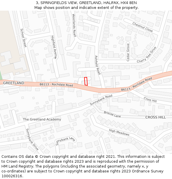 3, SPRINGFIELDS VIEW, GREETLAND, HALIFAX, HX4 8EN: Location map and indicative extent of plot